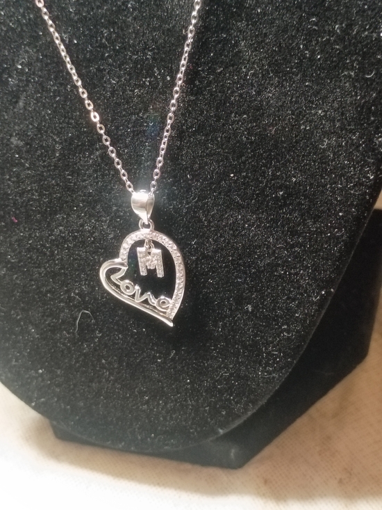 Jewelry - Silver 925 Heart 'Love' Pendant Necklace with 'M' Initial Charm - Silver